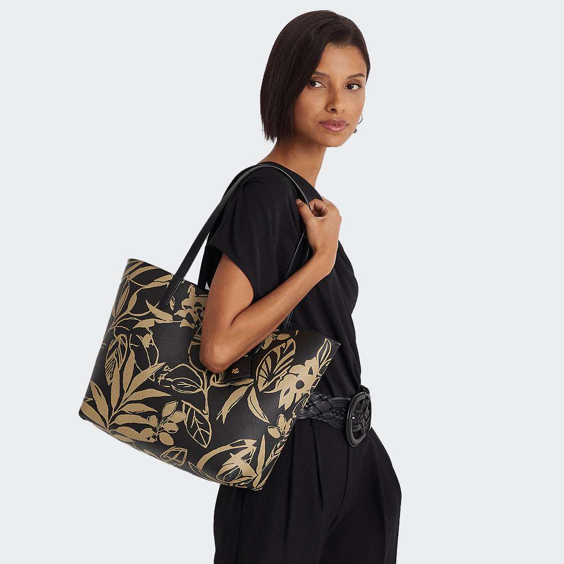 MALA RALPH LAUREN REVERSIBLE TOTE BLACK/MODERN PALMS PRINT