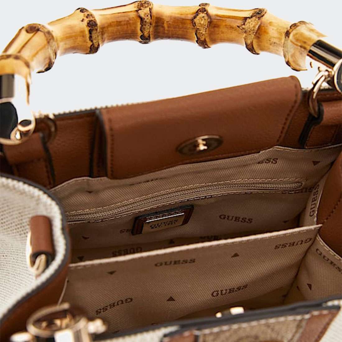 MALA GUESS KERIMA BAMBOO 2 MINI TOTE NATURAL/LATTE LOGO