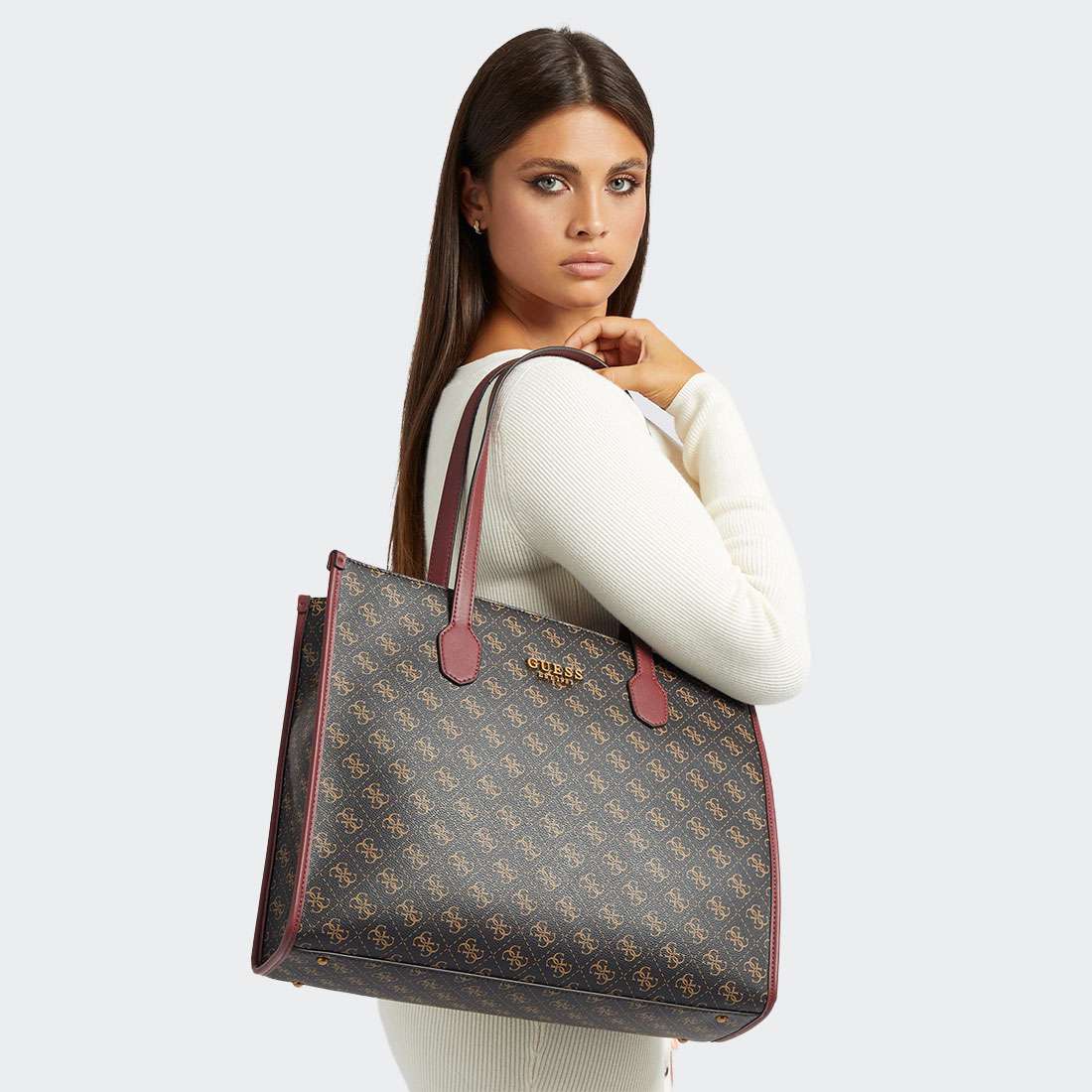 MALA GUESS SILVANA TOTE BROWN LOGO/MERLOT