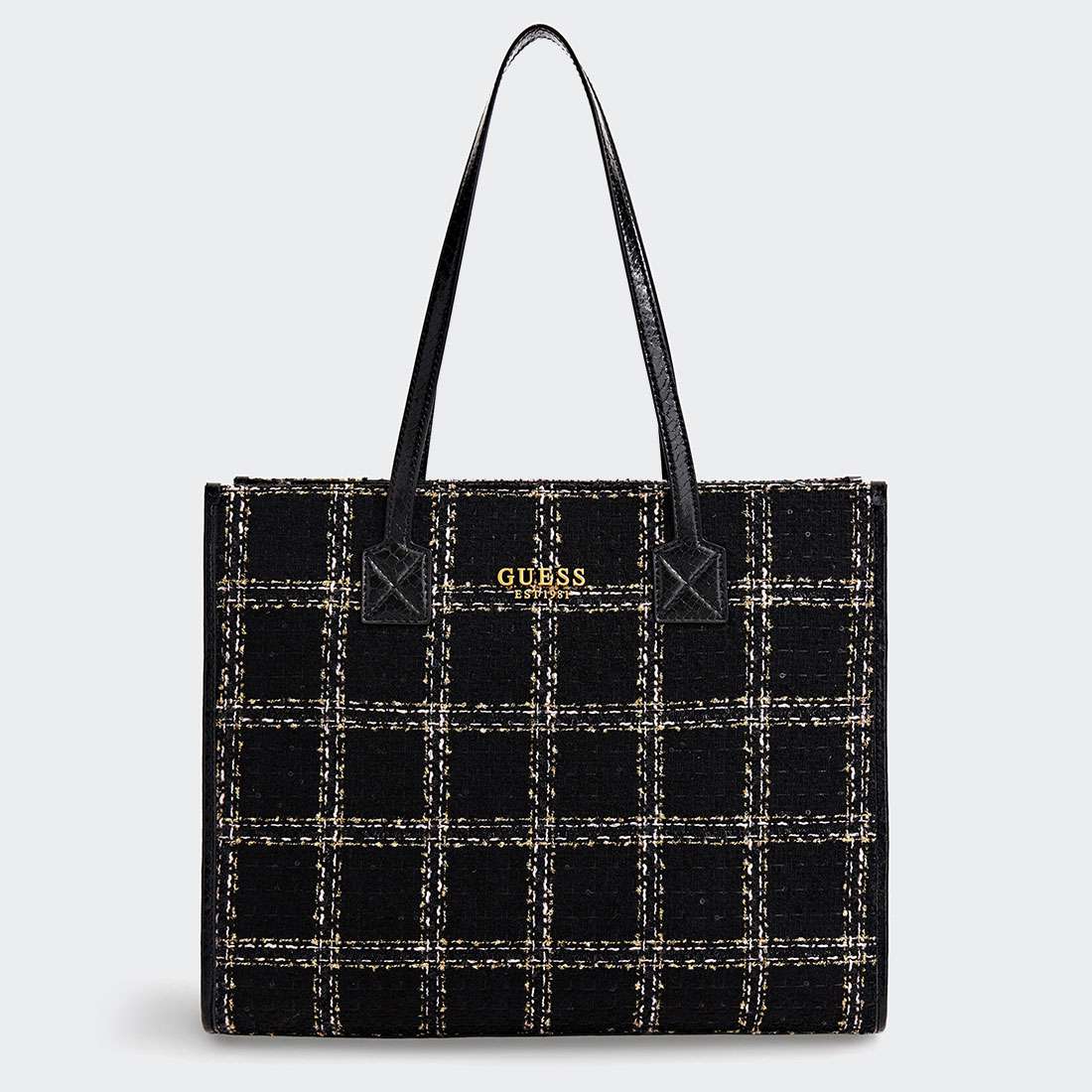 MALA GUESS SILVANA TWEED SHOPPER BLACK/WHITE