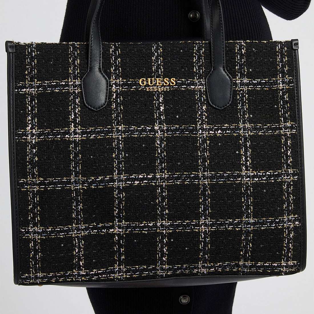 MALA GUESS SILVANA TWEED SHOPPER BLACK/WHITE